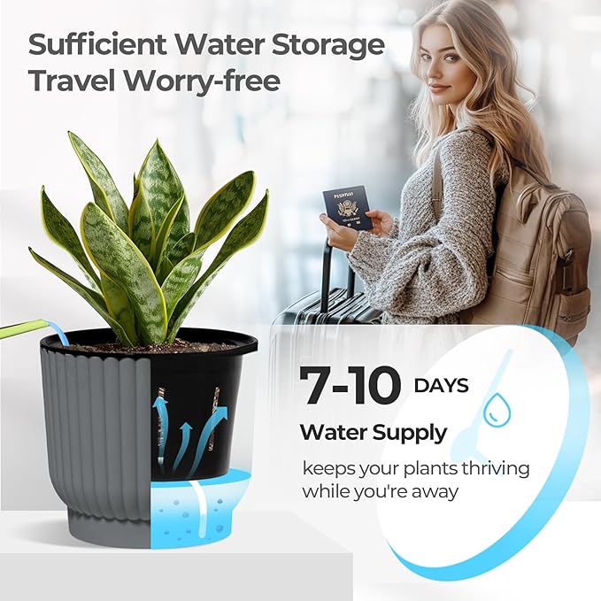 T4U 4.5 Inch Self Watering Pots for Indoor Plants, 6 Pack Gray Plastic Flower Pots for All House Plants, Flowers, African Violets