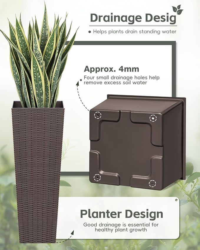Greesum Large Tall Planter for Outdoors Plants, Set of 2, 32" Tall Plastic Flower Pots, Tapered Porch Planter with Drainage Holes for Patio, Backyard, Brown
