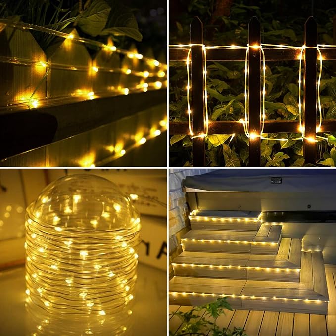 Solar Rope Lights, 66ft 200LED String, 8 Modes Waterproof Powered Outdoor, Flexible Clear Tube for Garden, Backyard, Patio, Deck, Porch, Pool, Tree Decor - Warm White