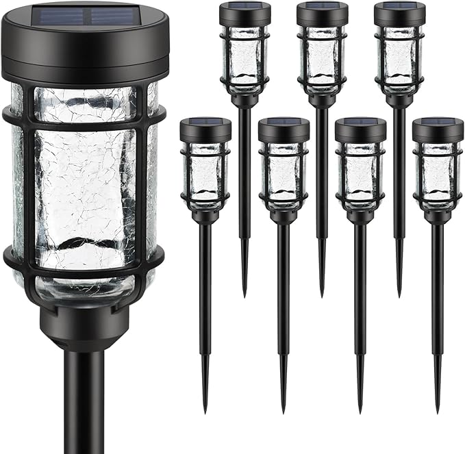 Solar Pathway Lights 8 Pack, Color Changing + Cool White LED, Waterproof Solar Crackle Glass Stake Lights for Garden Path, Walkway, Backyard, Lawn, Landscape Decoration