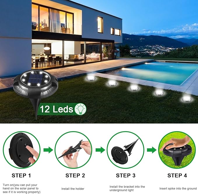 K.E.J. Solar Lights Outdoor 12 Pack Waterproof Solar Garden Ground Lights Landscape Lighting for Outside Patio Pathway Lawn Yard Deck Driveway Walkway