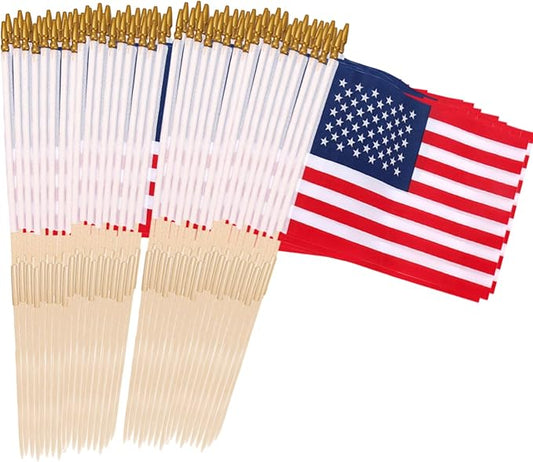 Pack of 100 American Flags with wood Stick, 12x18 Inch American Flags for outside, US Flags/American Hand Held Stick Flags with Kid-Safe Spear Top, Perfect for Patriotic Decorations, Parades, Veteran Party,4th of July decorations