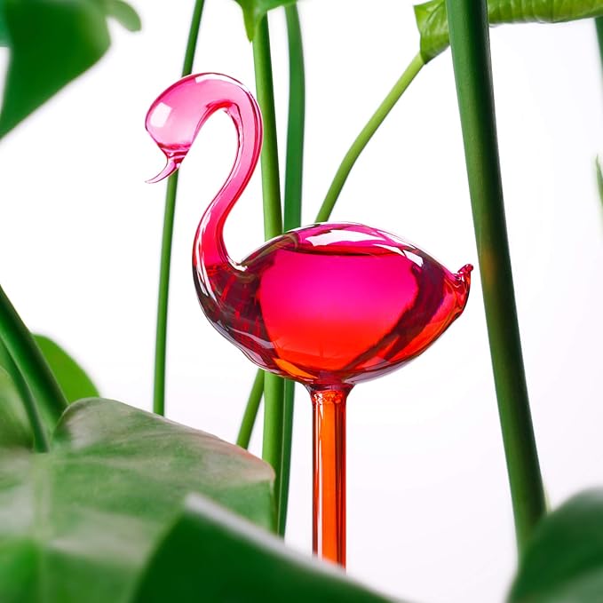 Self-Watering Glass Globes 2PCS Flamingo Gradient Hot Pink 10" Long Hand Blown Bulbs Pot Plant Waterer Home Indoor Outdoor Garden Patio Hanging Flower Spike Decorative Automatic Irrigation System