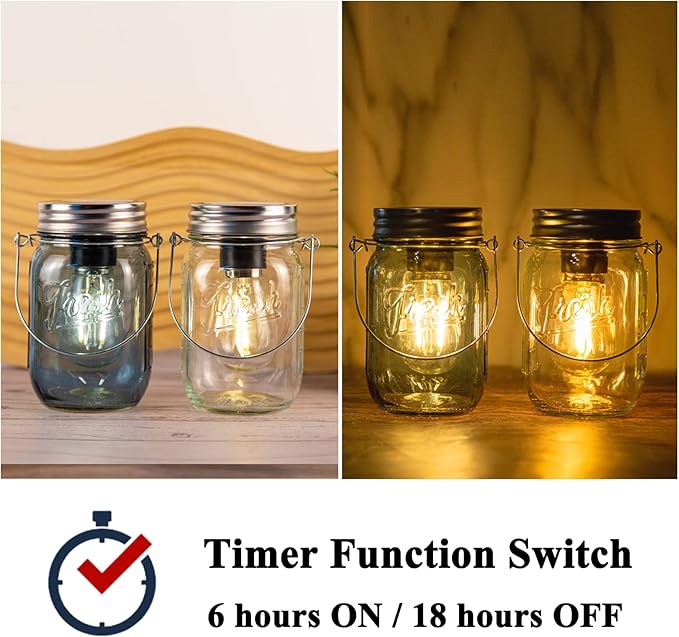 Outdoor Mason Jar Lights Hanging, 2-Pack LED Decorative Garden Lanterns with Timer, Battery Operated Vintage Glass Light for Patio Camping Courtyard Backyard Tree Hallway Stairs Farmhouse (2Color)