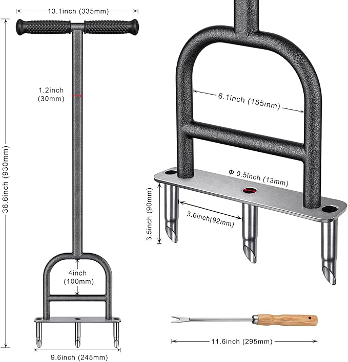 Dolibest Lawn Coring Aerator, Stainless Steel 3 Corer Plug Aerator Tool with Soft Rubber Grip, Manual Grass Aerating Tool, Garden Tool & Cleaning Hand Tool for Loosening Soil and Improving Lawn Health