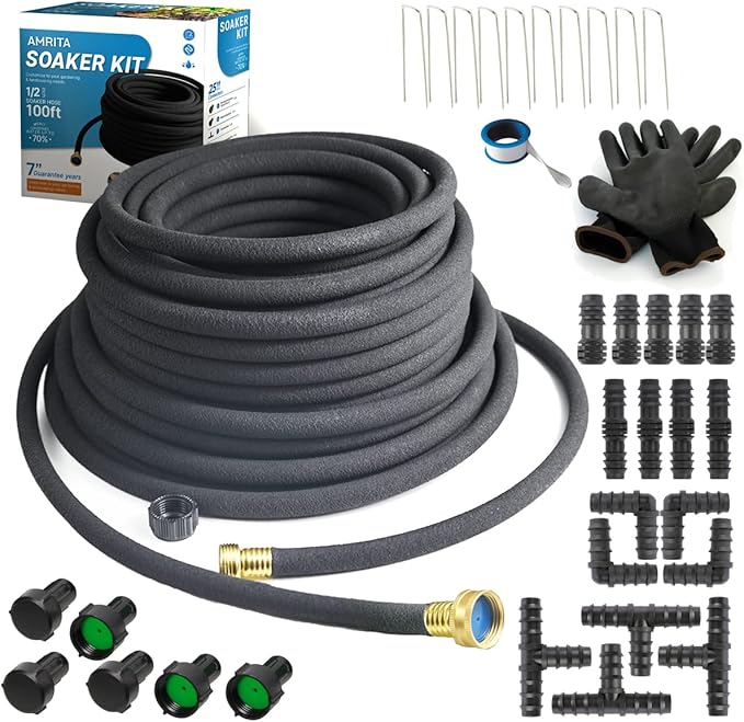 AMRITA Soaker Hose KIT,1/2inch 100ft Rubber Garden Hose 70% Water Saving,Black Heavy Duty Soaker Hose For Garden Lawn,Garden Raised Beds.(1/2-100FT)