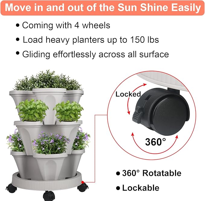 Vertical Planter 3 Tier Stackable Planters Garden Planters Strawberry Herb Flower and Vegetable Planter Indoor Outdoor Gardening Pots with Removable Wheels and Tools 2-Pack