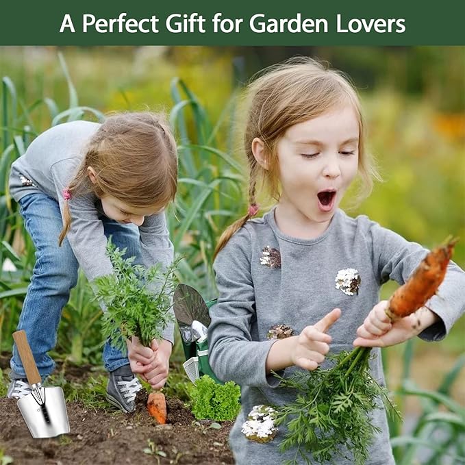 Garden Tool Set, 10 Piece Gardening Kit with Heavy Duty Folding Stool, Gardening Tools with Detachable Storage Tote Bag, Stainless Steel Garden Tools, Gardening Gifts for Women Men Green