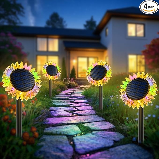 Outdoor Solar Lights, 4 Pack Upgraded Solar Sunflower Lights, Ground/Wall 2-in-1 Waterproof Solar Garden Lights for Yard, Landscape, Fence, Path, Patio, Driveway, Backyard Decor (Colourful)