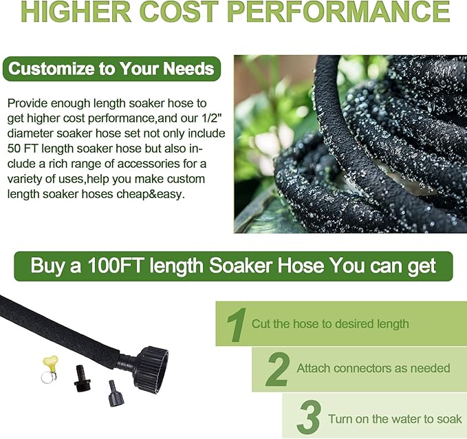 Soaker Hose with Solid Brass Connectors 150 FT for Garden Beds 1/2 Inch Rubber Longer Lasting Drip Irrigation Save 70% of Water Various Accessories Great for Lawn and Yard