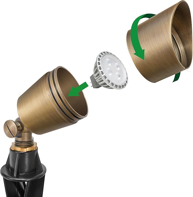 GKOLED Solid Brass Low Voltage Compact Spotlight, 12V AC/DC Waterproof Outdoor Landscape Spot Lights for House Trees Garden Yard Lawn, Up Light with 5W 2700K MR16 Bulb, Stake Included, 12 Pack