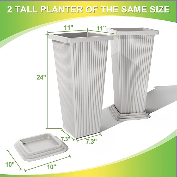 Set of 2 Large Tall Planter for Indoor or Outdoor 24" Tall Flower Pots Tapered Tall Planters with Tray for Porch, Patio, Backyard, Large Planters for Outdoor Indoor Plants(White,Striped)