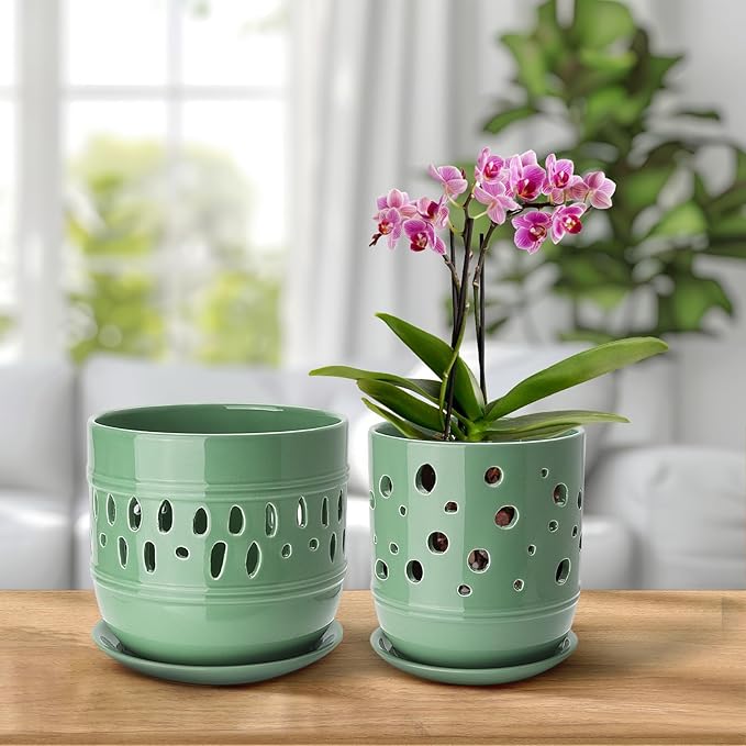 Ceramic Orchid Pot, 5+6 Inch Orchid Pots with Holes, Promoting Air Circulation and Drainage, Indoor/Outdoor Flower Pots - Pea Green