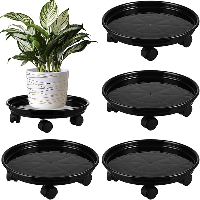 4 Packs Plant Caddy with Wheels 11.8" Plastic Rolling Plant Stands Heavy-duty Plant Dolly with Casters Indoor Outdoor Wheeled Plant Roller Base Large Planter Saucers Plant Mover, Black