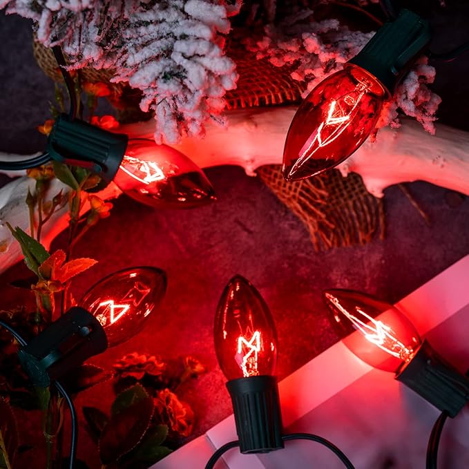 C9 Christmas String Light Red, 50ft Vintage Christmas Tree Lights, Outdoor Roofline String Lights with 50+2 Red Bulbs for Patio Garden Holiday Indoor Home Xmas Decoration, Green Wire