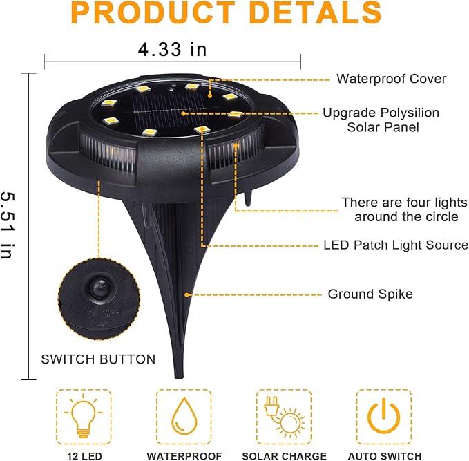 Solar Ground Lights Outdoor 8 Packs 12 LED Disk Lights Solar Powered Waterproof New In-ground Lights For Garden Deck Stair Step Lawn Patio Driveway Walkway Pathway Yard decoration(8 Pack, Warm Light)