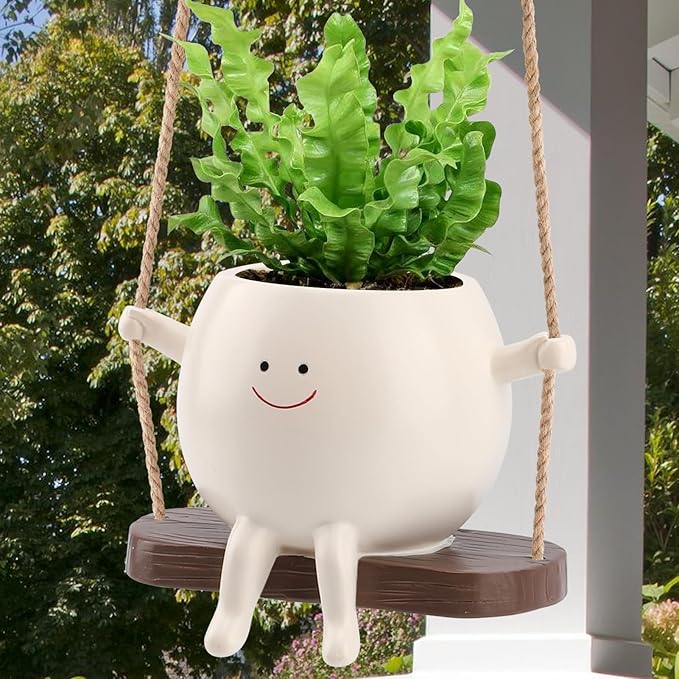 Small Swing Smiley Face Hanging Planter Pot for Indoor Outdoor Plants, Cute Swinging Plant Pot, Hanging Flower Pots, Face Planter Pot Head, Resin Succulent Planter, Valentines Day Gifts for Her