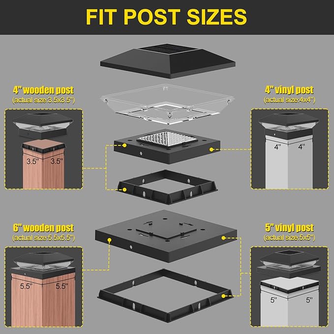 T-SUN Solar Post Cap Lights for 4x4/5x5/6x6 Posts (Wooden/Vinyl) | Waterproof Outdoor Solar Post Lights with Dual-Color Modes | Fence, Deck, Porch & Garden Lighting (6-Pack, Black)