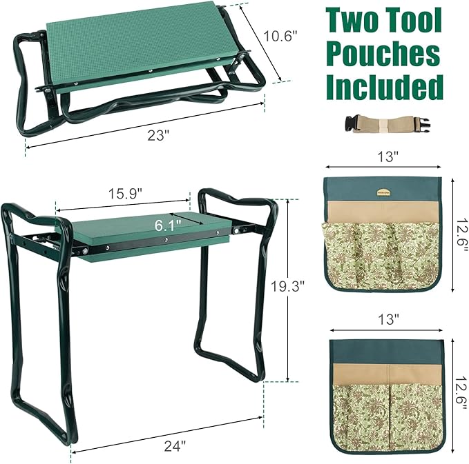 G GOOD GAIN Garden Kneeler Stool Seat,Foldable Garden Bench with Tools Bag Pouch,Thicken & Widen Soft EVA Foam Pad Outdoor Portable Kneeler Stool with Garden Apron Bags.Honey