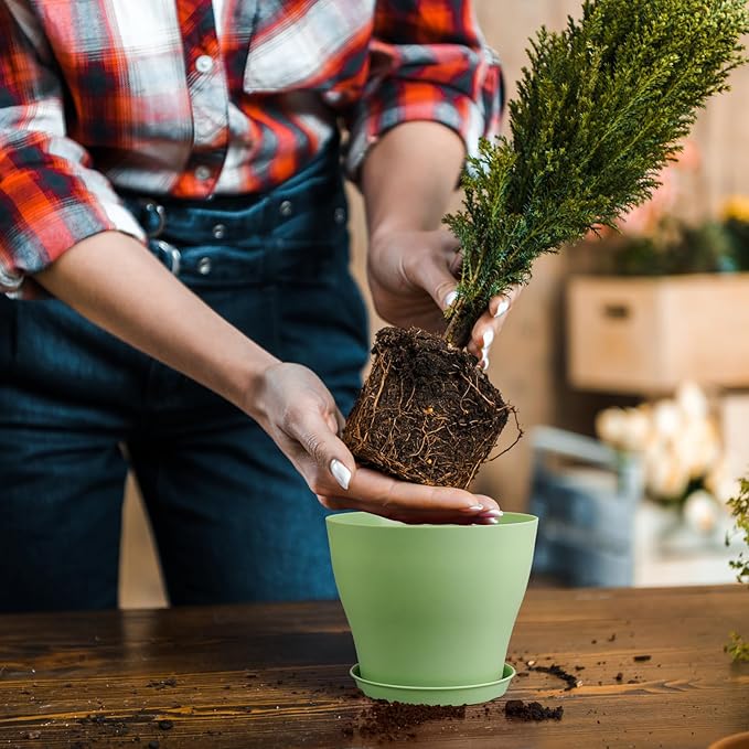 6 inch Plastic Nursery Pots, Seedling Pots, 16 Pack Plant Pots for Small Indoor Outdoor Plants, Flower Pots with Drainage Holes and Saucers, Decorative Planters for House Plants, Green