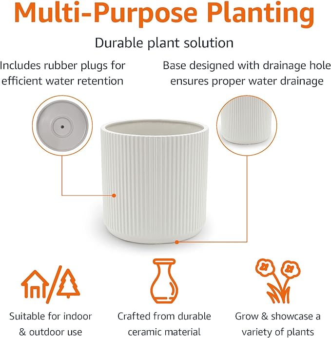 Amazon Basics Fluted Ceramic Round Planter, 10-Inch, White