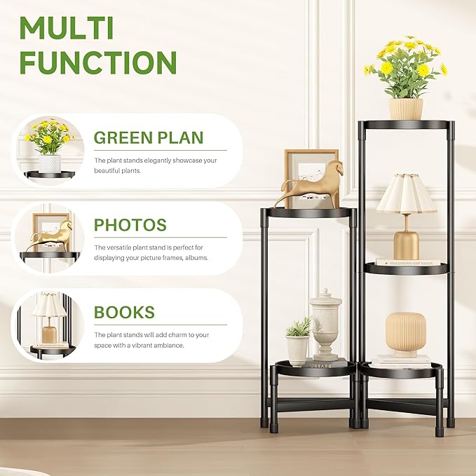 5-Tier Metal Plant Stand Indoor, Foldable Corner Plant Shelf Outdoor, Rotatable Tiered Tall Plant Stand, Black Multiple Plant Stands for Patio Living Room Balcony Garden Home Decor