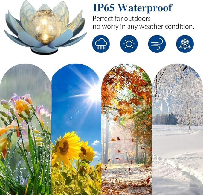 12 inches Solar Lights Outdoor Garden, Crackle Globe Glass Lotus Decoration, Waterproof LED Metal Flower Lights for Patio,Lawn,Walkway,Tabletop,Ground Gardening Gifts (Blue)