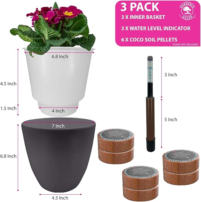 GARDENIX DECOR 7'' Self Watering planters for Indoor Plants - with Water Level Indicator for Flower Pot , Grow Tracking Tool - Coco Coir - Gray 3 Pack