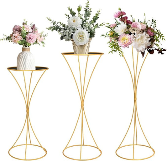chamvis Gold Metal Plant Stand, 3 Pcs Tall Cylinder Pedestal Stands for Parties and Weddings, Gold Round Cylinder Tables for Living Room and Patio Decor (Hourglass)