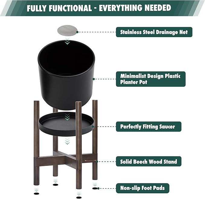 D'vine Dev Planter Pot with Stand - 10 Inch Plastic Cylinder Flower Pot with Wood Planter Holder for Indoor, Matte Black Pot + Walnut Color Stand, 55-C-L-2