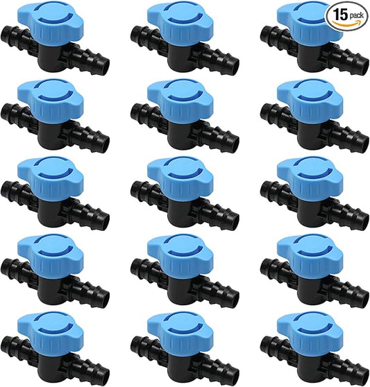 15 Pieces Drip Irrigation 1/2" Barbed Valve Fittings,Shut Off Valve Connectors for 1/2 Inch Drip Irrigation Tubing (.570-.620" ID) Drip Line Parts for Drip Sprinkler Garden Lawn Systems