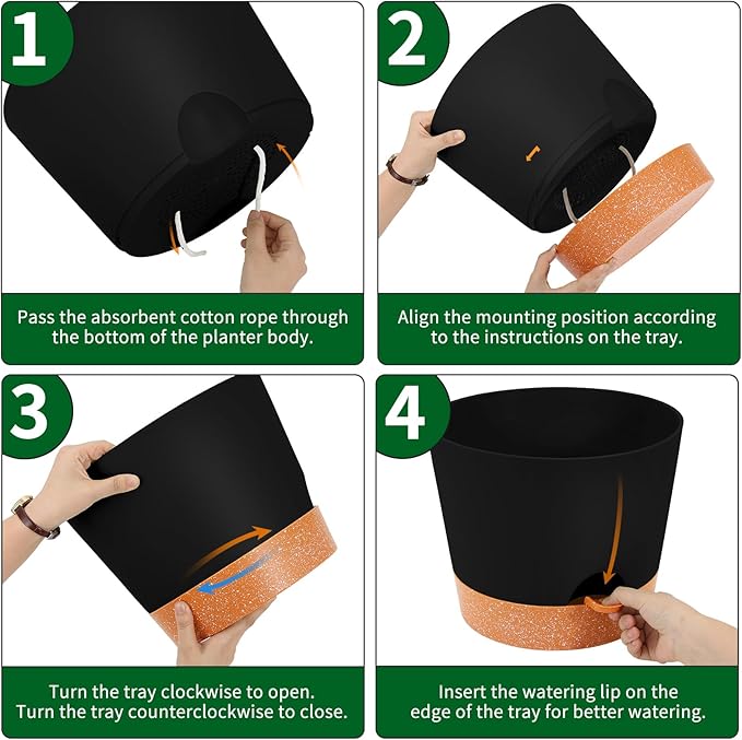 GARDIFE 12 inch Plant Pots, planters, Self Watering Pots, Large Plastic Flower pots with Deep Reservior and High Drainage Holes for Indoor Outdoor Plants and Flowers, Black