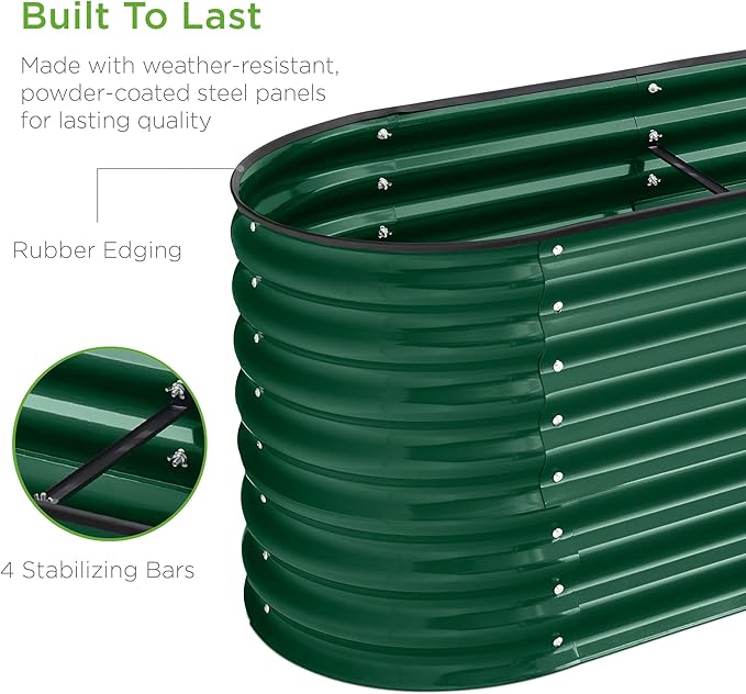 Best Choice Products 8x2x2ft Metal Raised Garden Bed, Oval Outdoor Deep Root Planter Box for Vegetables, Herbs w/ 4 Support Bars, 215 Gal Capacity - Dark Green
