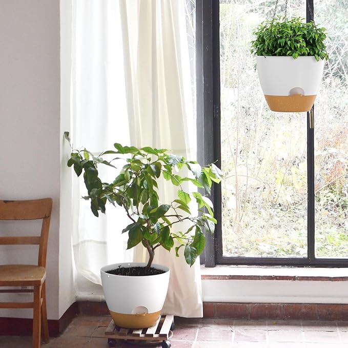 ZMTECH 12 Inch Hanging Planters for Indoor Outdoor Plants, 1 Pack Self Watering Hanging Plant Pots with Drainage Holes and Removable Saucer, Plastic Flower Hanging Pots with Watering Lip (White)