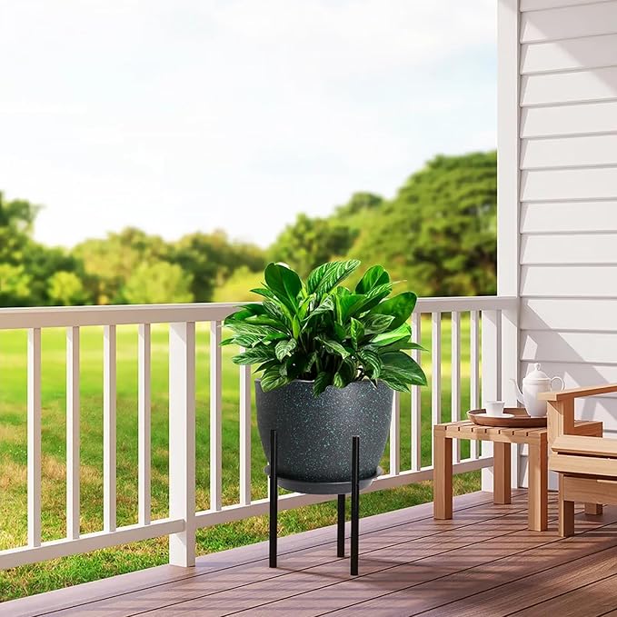 12inch Large Plant Pot, Modern Plastic Planter with High Driange Holes and Saucer for Indoor Outdoor Garden Plants and Flowers, Black with Green Speckles