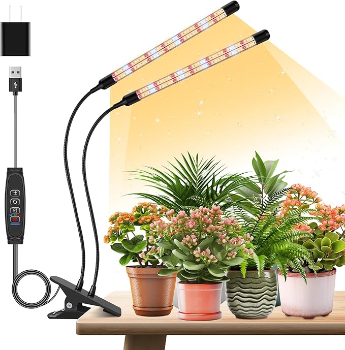 2 Heads Clip Grow Light with V-Shaped Design, Full Spectrum Grow Lights for Indoor Plants, Adjustable 360° Gooseneck Grow Lamp, 3/9/12H Timer & 10 Dimming Levels for Seed Starting