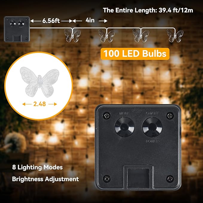 ELUTENG Outdoor String Lights 100 LED 39.4FT Solar Lights Outdoor Waterproof with 8 Lighting Modes Decorative Butterfly Solar Powered Patio Lights for Garden Yard Balcony Porch Wedding Party Decor