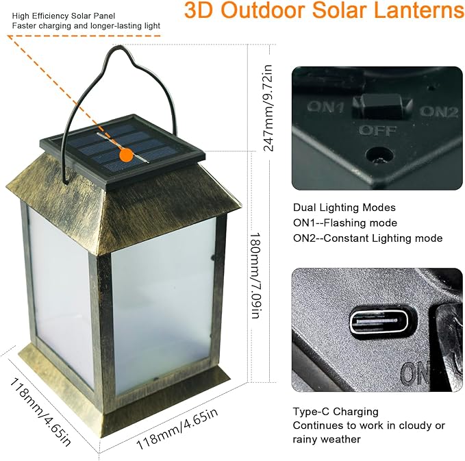 Solar Lanterns Outdoor Waterproof, 3D Hanging Solar Lights, Type-C Rechargeable LED Pathway Lights with 2 Modes (Steady & Flashing), for Garden Decor, Patio, Yard, Camping (1 Pack )