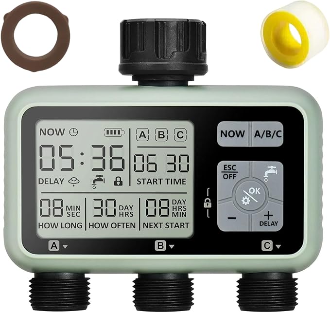 3 Outlet Sprinkler Timer Brass, XinFuture Water Timer, Programmable Garden Hose Timer with Rain Delay, Manual& Automatic Watering System, Waterproof Digital Irrigation Timer for 3 Separate Water Zones