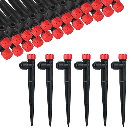 60 Pcs Drip Irrigation Emitters with Stake - Adjustable Drip Emitter Stream for 1/4" Drip Line Irrigation Tubing - Drip Irrigation System Parts Drippers Sprinkler Heads for Garden Watering System -Red