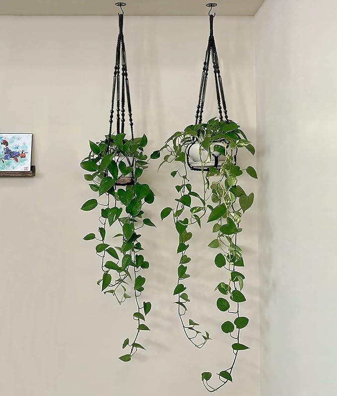 Mkono Macrame Plant Hanger Indoor Hanging Planter Basket with Wood Beads Decorative Flower Pot Holder No Tassels for Indoor Outdoor Boho Home Decor 35 Inch, Black, Set of 3 (POTS NOT Included)