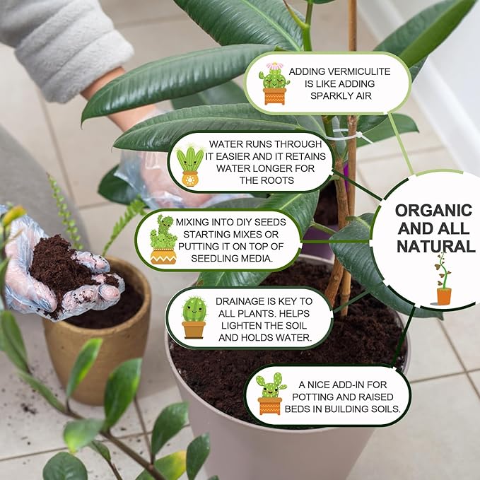 10QT Horticultural Vermiculite Bulk, Organic Vermiculite for Plants, Course Grade Vermiculite for Gardening, for houseplants, for Mushrooms, to Maintain Soil Moisture and Plant Growth(5-8mm)