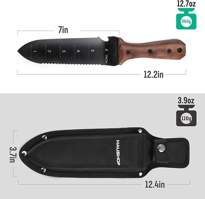 HAUSHOF Hori Hori Garden Knife, 7" Stainless Steel Black Stonewash Blade with Cutting Edge, Full-Tang Gardening Knife with Walnut Handle, Oxford Sheath, for Digging, Weeding, Planting
