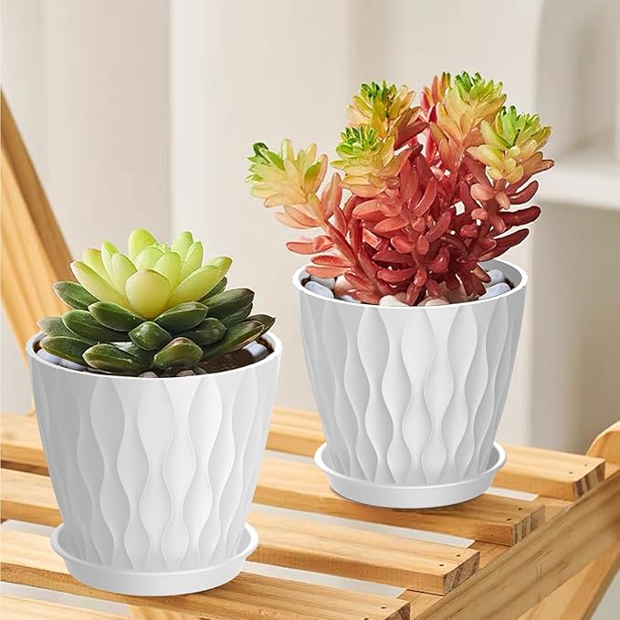 6 Pack 4 Inch Small Plant Pots with Saucers, 3D Textured Plastic Planters with Drainage Holes for Indoor and Outdoor Plants, Flowers, Herbs, Succulents, and Seedlings, White