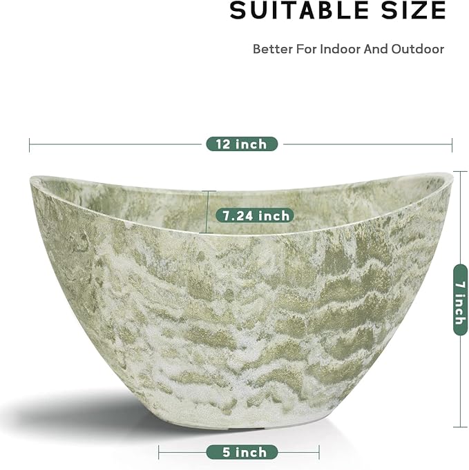 LaDoVita Plant Pots with Drainage Holes, 12 Inch Oval Planters for Indoor Plants, Plastic Flower Pots Outdoor, Set of 2 Pack, Green