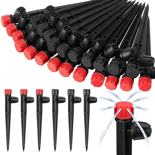80 Pcs Drip Irrigation Emitters with Adjustable 360 Degree Water Flow Drippers for 1/4 Drip Tubing Sprayer on 5.5 Arrow Stake for Garden Irrigation System(Red, Black,Eight Hole Nozzle)