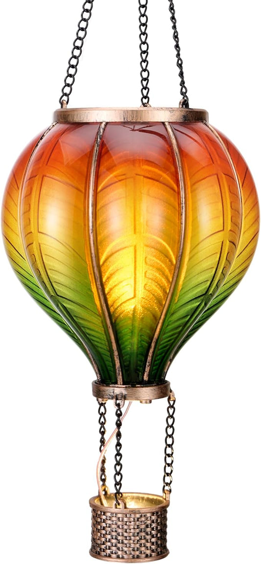 TERESA'S COLLECTIONS Hot Air Balloon Solar Lantern for Garden Decor ,Flickering Flame Hanging Solar Light for Outdoor ,Orange & Green Plastic Lamp for Yard Tree Gift for Mom