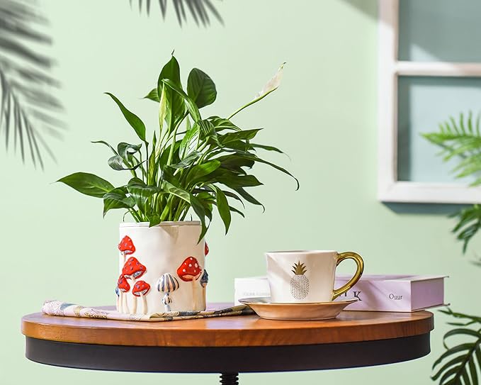 Colorful Mushroom Ceramic Planter for Indoor Plants, Small Plant Pots with Drainage, 5 Inch Pots for Plants, Flower Pots for Outdoor Indoor Plants, Plant Pot for Windowsill Patio Garden