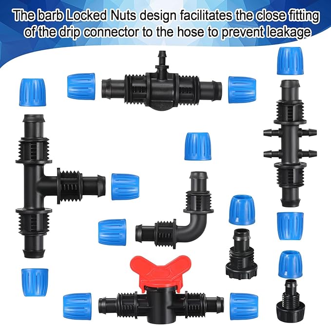 40 Pcs 1/2" Tubing Irrigation Fittings Kit 1/2 ID x 0.6-0.63 OD 16 mm Drip Irrigation Barbed Connectors Include 6 Switch Valves 18 Barbed Tee 8 Ends 4 Adapters 4 Elbows (Black and Blue)