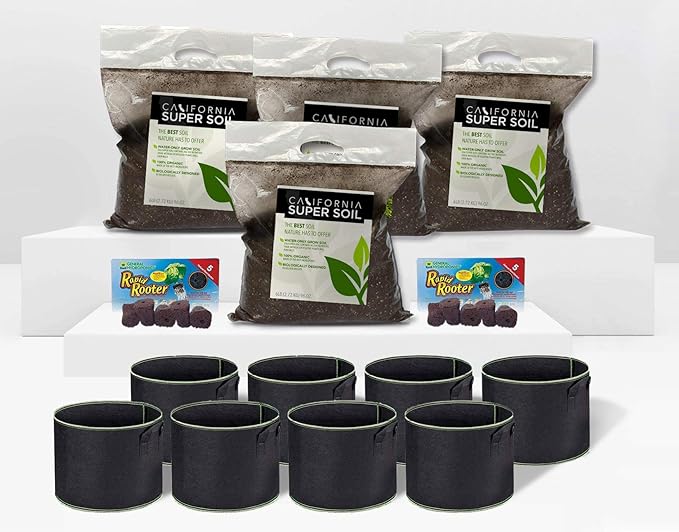 California Hot Soil Premium 100% Organic Super Soil Kit, 18+ Nutrient Blend - No Need for Nutrients or Plant Food Ever - Includes (4) 6 Lbs Bag of CaliHotSoil, (8) 5-Gallon Pots, (10) Rapid Rooters